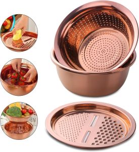 DOCBLACK Colander 3Pcs Stainless Steel Kitchen Tool 3 in 1 Drain Basket Fruit and Vegetable Cutter Strainer Bowl Set Drain Pot Basket Grater for Fruits Vegetables Rice Washing Mixing - Gold
