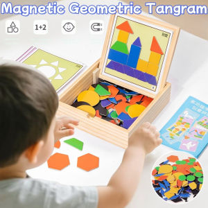 Magnetic Geometric Tangram Set Kids Early Educational Jigsaw Puzzle Wooden Toys Montessori Toys
