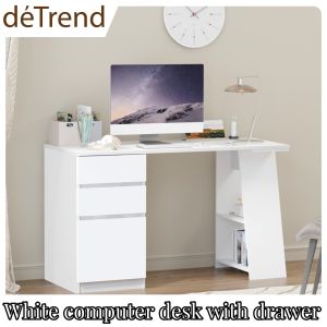déTrend 46.9" Elegant White Computer Desk with 3 Drawers and Double-Layer Storage Shelf for Home Office Study