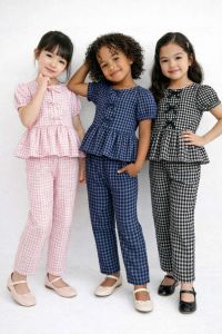CC Elegant Green Plaid Ruffle Peplum Top and Wide Leg Pants Set for Women
