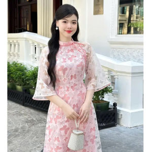 Áo Dài Cách Tân Tơ Voan Họa Tiết Bướm In Chìm Maya Áo Dài Dáng Ôm Cổ Cao Dự Tiệc Xinh