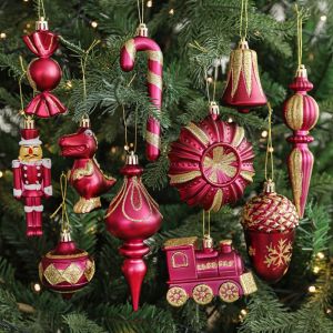MUKANG Rose Red Christmas Pinecone Bell Pendants Plastic Shatterproof Xmas Tree Hanging Pendants Durable Reusable Christmas Cane Candy Ornaments Home New Year Decor