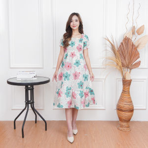 AQILA - Dress Smocked / Korean Dress Wanita Lengan Pendek Dress Motif Bunga Model Tali Belakang