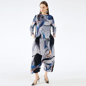 Bộ Đồ In Trừu Tượng Cá Tính Bộ Đồ Hai Mảnh Quần Ống Rộng Đáy Thấp Xếp Ly Miyake Thường Ngày Mới Mùa Xuân Và Mùa Hè Cho Nữ 5416