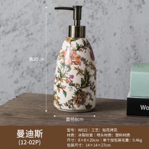 Vintage Floral Pattern Ceramic Hand Soap Dispenser Hand Press Refillable Reusable for Bathroom Vanity Countertop