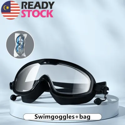 Adult swimming goggles with earplugs - High definition waterproof and anti fog Large frame swimming goggles for clear vision