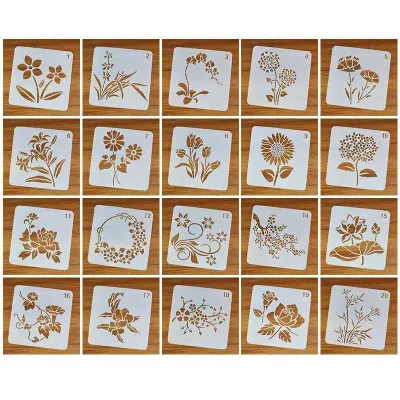Set Bunga Stensil Gambar 20pcs Anak Bunga Lubang Khusus Tugas Sekolah Scrapbook Diy Bahan Pvc 13x13cm