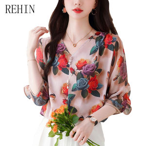 REHIN Summer New Fashion Printed V-Neck Silk Blouse Slimming and Stylish Short Sleeve Top for Women