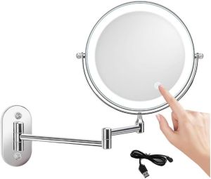 8 Inch Rechargeable Wall-mounted Lighted Makeup Vanity Mirror Dual-Sided 1X/5X Magnified Bathroom Mirror 3-Color Lighting Touch Screen Dimming 360° Rotating Retractable Arm(Size:3XColor:silver)