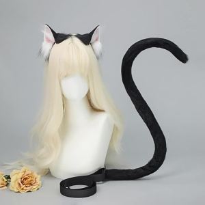 ที่คาดผมหูแมวเหมือนจริงทำจากผ้าพลัฌทำมือ cos ชุดคอสเพลย์หูแมวและหางแมว
