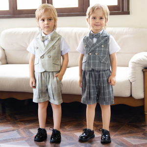 lontakids Boys Slim Fit Plaid Vest + Button Down Dress Shirt + Pant + Bowtie Kids Toddler Summer Wedding Ring Bearer Outfits
