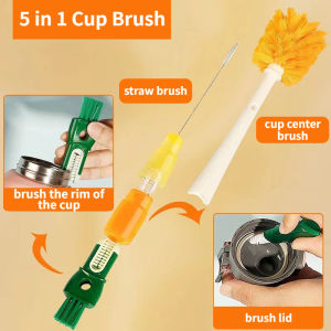 5 In 1 Baby Bottle Brush Cleaning Brush Plastic Ball With Long Handle Glass Coffee Mug Brush Drinking Bottle Tools Orange Color