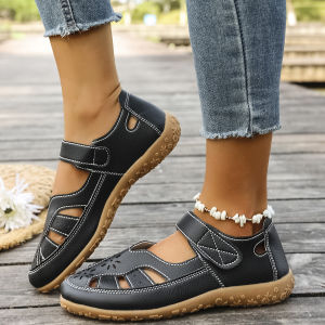 [Free Shipping] Plus Size Hollow Sandals for Women 2025 New Summer Casual Outdoor Flat-Toed Wedge Heel Velcro Sandals