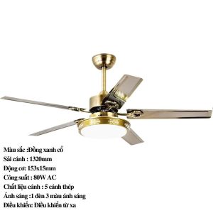 (Loại I-Lõi Đồng 100%)Quạt trần đèn 5 cánh thép trang tríđộng cơ DC inverter 6 tốc độ gióđảo chiều cho phòng khách-phòng ngủ-phòng bếp