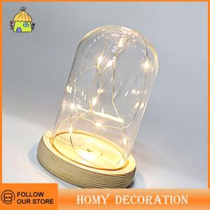 💖【Special price 】💖Shao Dome Wooden Base With LED Light Landscape Vase Dry Flower Cloche Cover DIY Succulent Plants Container Holder Bedroom Decor