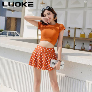 Luoke Blue / Black / Pink Short Sleeve Hot-selling Swimsuit Female Sport Swimwear Korean Style Two-piece Swimming Skirt Plus Size Swimsuit Slim Boxer Safety Pants Hot Spring White Swimwear Yellow Swim Tops Women