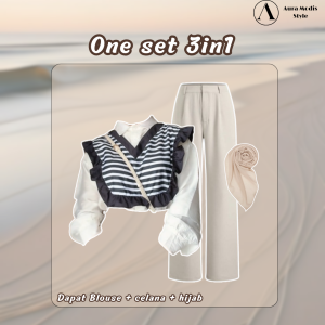 one set korea style 3in1 ( Atasan Blouse Salur Motif + Celana Ivory + Tas Bahu + Hijab ) AM167N