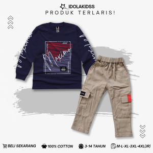 Setelan Kaos Anak Lengan Panjang Celana Cargo Panjang Terbaru Usia 3-12 Tahun Bahan Premium