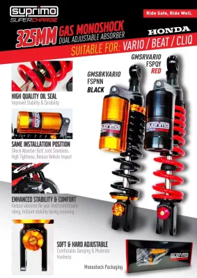VARIO150/BEAT110/CLICK SUPRIMO DUAL ADJUSTABLE GAS ABSORBER 325MM VARIO150 BEAT110 CLICK110 CLICK 125