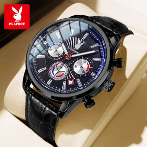 PLAYBOY นาฬิกา ผู้ชาย 100% แท้ แฟชั่น สไตล์เกาหลี สายหนัง โครโนกราฟนาฬิกา ส่องสว่าง นาฬิกาข้อมือผู้ชาย