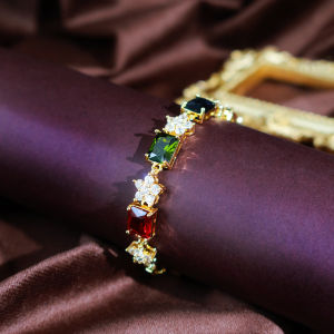 SEQUITO Fashion Women Wrist Jewelry Yellow Gold Plated Inlay Coloful AAAAA Cubic Zircon Flower Bracelet for Engagement B373