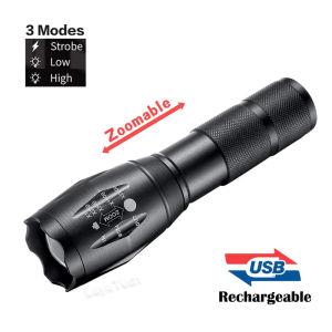 USB Rechargeable Torchlight Super Bright T6 LED Flashlight Tactical Handheld Lamp Powerbank Charger Focus Zoomable Military Bike Flash Torch Light Waterproof for Scooter Riding Bicycle Cycling Camping Hiking Fishing 3 Modes