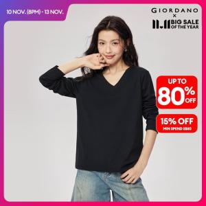 GIORDANO Women T-Shirts V-Neck Classic Plain Color Simple Basic T-Shirts Long Sleeve 100% Cotton Casual Comfy T-Shirts 13322759