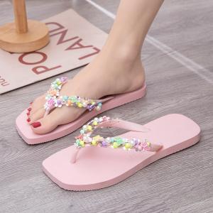 Daily Flip Flops with Beaded Butterfly Decor Square Toe Non-Slip Summer Sandals 2026 New Water Resistant Flat Sole Women’s Casual