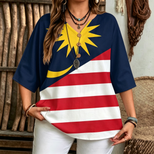 Malaysia Flag Shirt For Women Independence Day Clothing V-Neck Button Plus Size Womens Blouse Outdoor Casual Tops