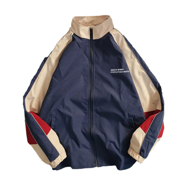 Men Jacket Color Block Loose Vintage Long Sleeves Zipper Closure Stand  Collar Windproof Soft Streetwear School Baseball Coat Spring Fall Coat