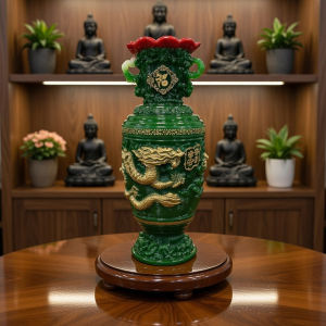 Lục Bình Ngọc (Kích Tài) Phong Thủy Họa Tiết Rồng Phúc Lộc Thọ - Bình Hút Tài Lộc Mệnh Hỏa Mộc Kim Thổ (Cao 47cm)