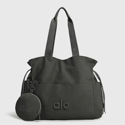 ALO Yoga Tote Bag for Women Waterproof Nylon Handbag With Detachable Round Coin Purse 3D Embossed Logo Side Drawstring Design Wide Top‑Handle Large‑capacity Commuter Gym Travel Shoulder Bag