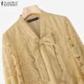 ZANZEA Korean Style Women Trendy Bowknot Lace Patchwork Blouses 3/4 Sleeve V-Neck Plain OL Top #0922. 