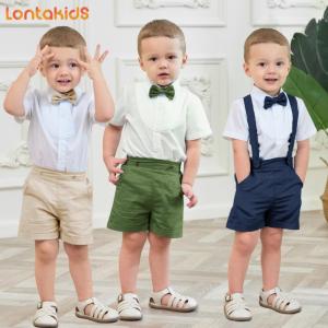 lontakids 3Pcs Kids Shorts Suit Baby Shirt Suspender Short Pants Boys Summer Set Formal Dress Tuxedo Wedding Birthday Party Costume