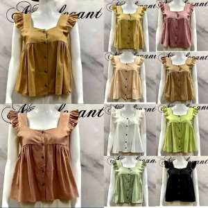 MISS K NEW casual plain button square neck sleeves top blouse (one size)"