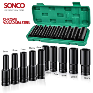 10PCS 1/2 Inch Long Impact Socket Set Black Deep Box Set Tool Set Socket Wrench Set Tool Converter Reducer 8mm - 24mm