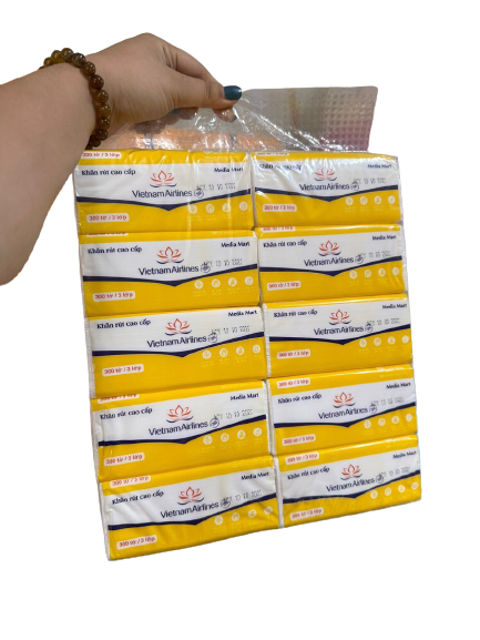 Bịch 10 gói giấy ăn rút VietnamAirline hàng cao cấp, mềm, mịn 300 tờ 3 lớp kích thước 13cm 9.5cm 6.5cm