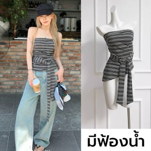 Miko พร้อมส่ง 🎀🎶เสื้อเกาะอก พิมพ์ลายโปว์น่ารัก ดีไซน์เชือกผูกเอว เสื้อรัดรูปทรงกระชับเอว มีฟองน้ำ สไตล์ลำลองสำหรับผู้หญิง