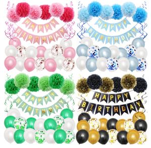 🔥SG LOCAL STOCK🔥Fast Delivery Happy Birthday Decoration Pom Pom Package Paper Flower Banner Confetti Balloon Latex Balloon Spiral Ornaments Value Package Blue Black Pink Green