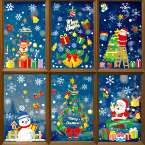 COMBO-Decal trang trí NOEL HÍT TĨNH ĐIỆN -Ông già noel trang trí nhiều cây thông và vòng nguyệt nổi bật (6 tấm)-CDN111