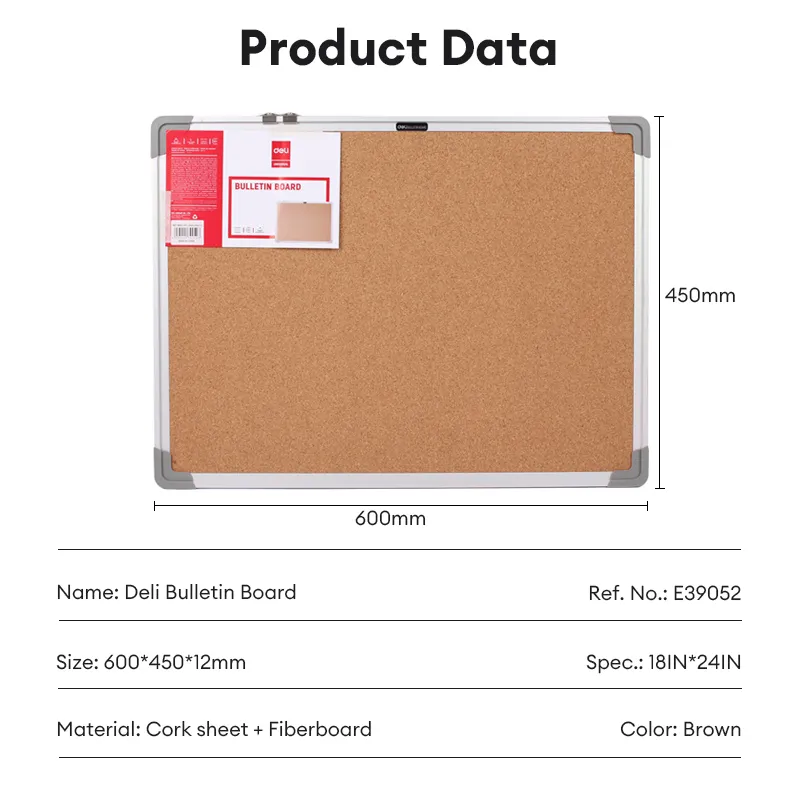 Deli Cork Board 90 x 60cm Hard Fibre Board, Aluminium Frame with ABS Corner, Hangable Holes in Plastic Corners E39053