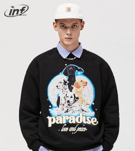 INFLATION brand 2023 autumn new men preppy style 400g polar fleece Dalmatians bronzing personality English printing pullover sweater