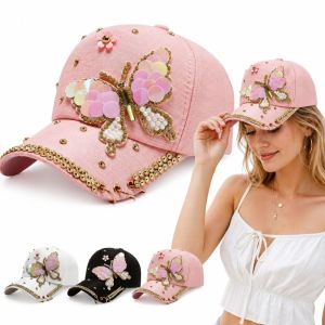 MIRELAE Sequined Butterfly Shiny Baseball Cap Versatile Rhinestones Peaked Cap Trendy Breathable Womens Sun Hat Summer Spring