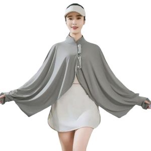 PRETTY Long Sleeve Summer Sunscreen Shawl Solid Color Breathable Ice Silk Cape Casual Quick Dry Thin Crop Top Outdoor