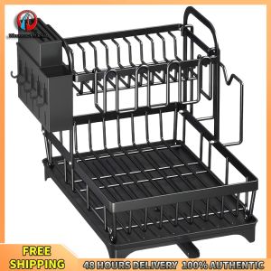 Winnereco 42×30CM Thickened Carbon Steel Dish Drainer Organizer Large Capacity & Space Saving Dish Drainer Kitchen Organizer for Bowls Cutlery Kitchen Counter