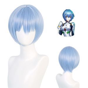 CHICNOOK ผมสังเคราะห์ วิกผม Ayanami Rei สีฟ้าอ่อน ปาร์ตี้ฮาโลวีน วิกผมบ๊อบสั้นตรง เทศกาลคริสต์มาสคาร์นิวัล ขนปุยฟู วิกผมคอสเพลย์อนิเมะ EVA