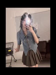 Summer Pure Desire Suit Female Vintage Denim Short Laced-Up Shirt Top Sweet Spicy High Waist Slimmer Look Bust Pleated Skirt㏇X0409