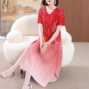 ✐ Aiden001 Average Size Miyake Summer Dress Pleated Large Size Long Middle-Aged And Elderly Grandma Wedding Dress A-Line Dress S3282