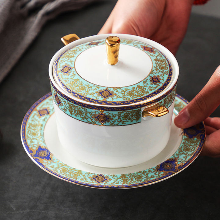 Palace Style Stew Cup with Lid Saucer Set Porcelain Soup Bowl Enamel