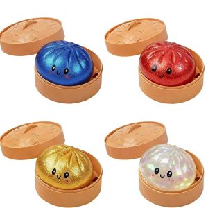 Cute Rainbow Glitter Siopao Squishy Toy Portable Slime Fidget Toy Soft Stress Relief Squeeze Sensory Gift